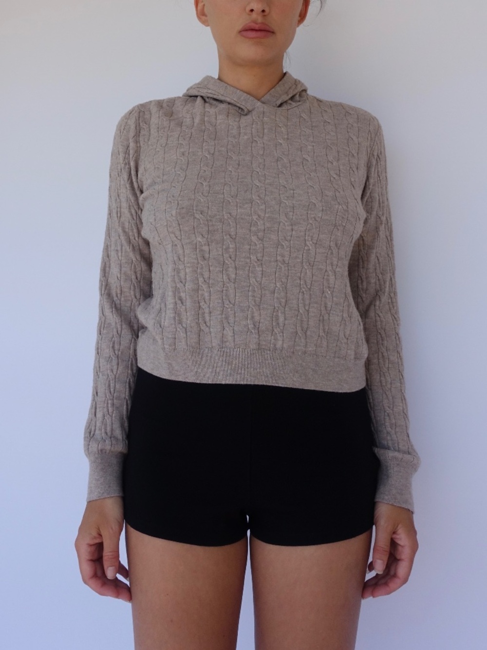 Taupe heathered hooded knit
